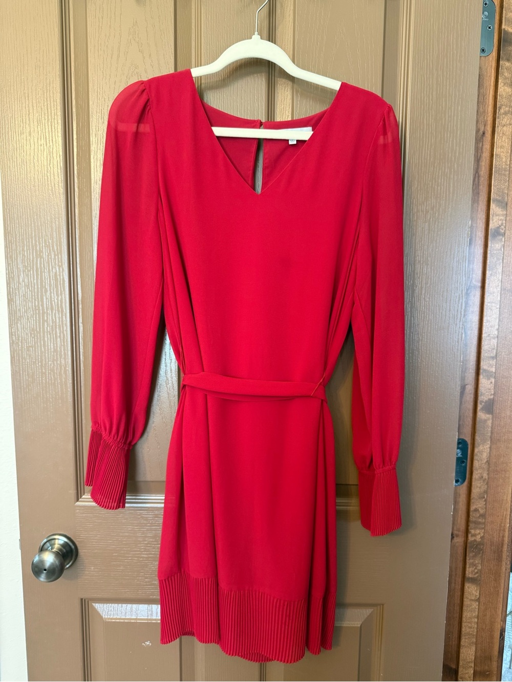 Naked Zebra Red Long-Sleeve V-Neck Belted Dress